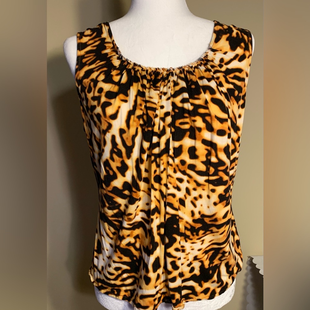 EUC Tank: Animal Print, Slight Stretch, Gathered Rounded Neckline